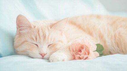 Wall Mural - a fluffy cat rests on a light blue surface, gently nestled next to a beautiful pink rose