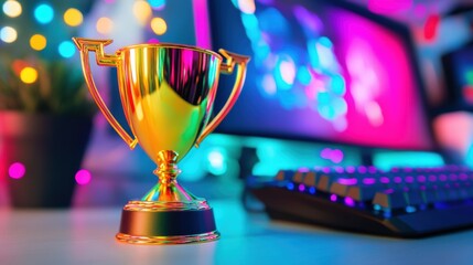 a dazzling gaming trophy sits on a desk next to a brightly lit computer, showcasing a gaming accompl