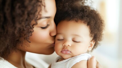 Wall Mural - A mother shows affection by kissing her baby's cheek in their warm and inviting home