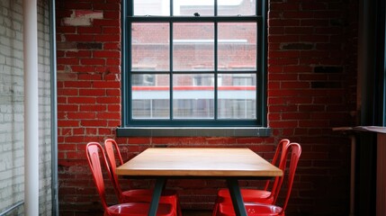 Wall Mural - A rustic table surrounded by bright red chairs rests near a large window in a cozy setting