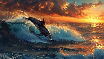 Dolphin Leaping Through a Wave at Sunset