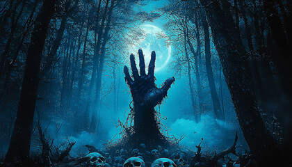 Wall Mural - spooky forest, dark night, mystery in nature landscape generated by ai