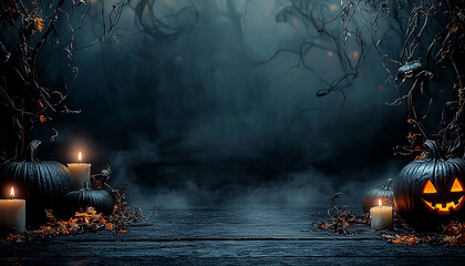 Canvas Print - Spooky pumpkin glowing in dark Halloween night forest generated by AI