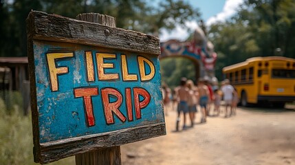 Wall Mural - “FIELD TRIP” sign - kids - students - bus - park - zoo - farm - school 