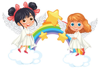 Canvas Print - Angels with Rainbow and Stars