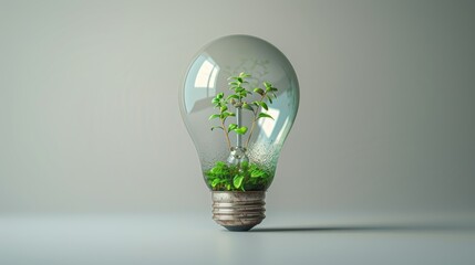 A light bulb filled with green plants symbolizes sustainable energy and environmental awareness in a minimalist setting