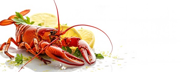 Wall Mural - A Cooked Lobster with Lemon and Parsley on a White Background