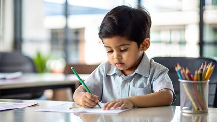 Indian Preschooler Drawing in Class - Focused Indian preschool student engaged in a drawing activity.
