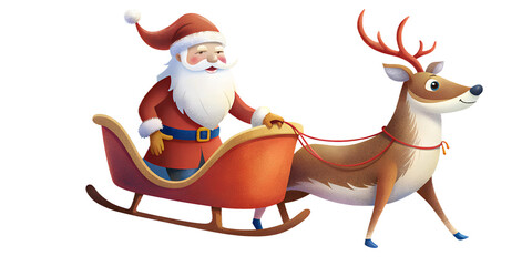 Wall Mural - Santa Claus Riding in Reindeer Sleigh with Gift Sack - Holiday PNG. Perfect for: Christmas, Holidays, E-cards, Holiday promotions