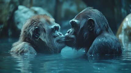 Poster - Two Gorillas Share a Tender Moment in the Water