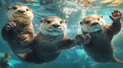 Sticker - Three otters swimming underwater, looking up at the camera