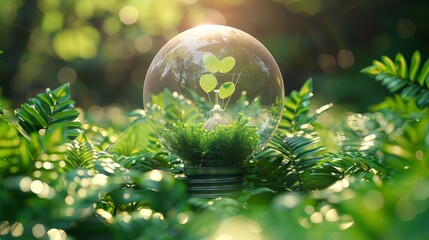 Wall Mural - a glass sphere containing green plants sits on moss surrounded by lush ferns in a sunlit forest clea