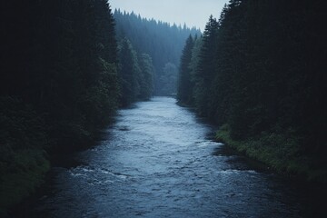 Poster - Enchanting image of a tranquil river flowing through a dense forest, surrounded by softly glowing flora, evoking a sense of peace