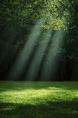 Sticker - Lush woodland sanctuary where sunlight dances through the leaves, casting an enchanting mosaic of light and shadow upon the forest floor.