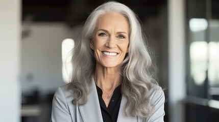 A portrait of an elegant middle-aged woman with long silver hair, smiling warmly at the camera in her modern office space.
