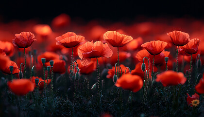 Poster - Vibrant flower meadow in summer sunlight at dusk generated by AI