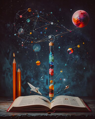 Open book with colorful pencils and planets and stars on dark background