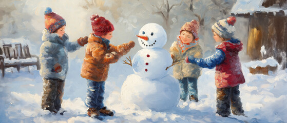 Children playing joyfully in snow, building a cheerful snowman during winter, capturing the essence of fun and friendship.