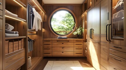 Closet with round mirror and handmade wood cabinet and daylight window - Copy