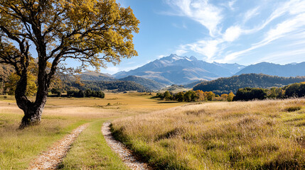 Wall Mural - Peaceful Autumn Landscape with Mountain Views and Winding Path