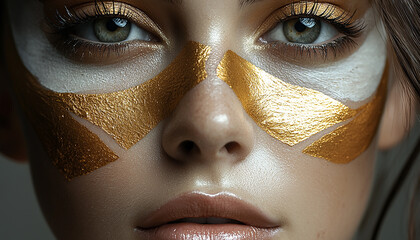 Poster - Beautiful woman with gold makeup looking at camera generated by AI