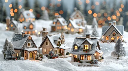 Charming snow-covered village with glowing cottages and festive decorations during winter holiday season