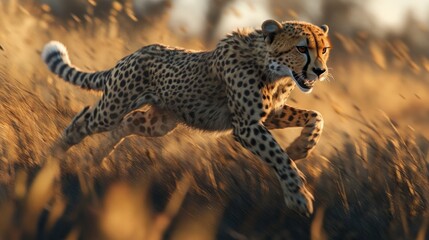 Poster - Cheetah Running Through Tall Grass in Golden Light