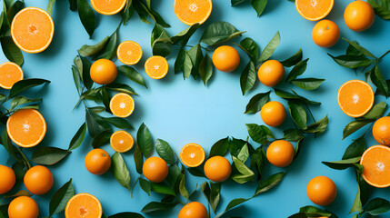 Poster - Frame of ripe sicilian oranges and leaves on blue background, flat lay. Space for text