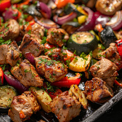 Wall Mural - Meat and vegetables roasted on grill pan 