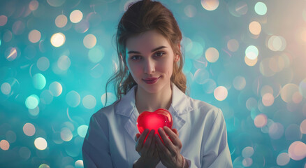 Sticker - pretty woman wearing white lab coat, holding red heart in hands, blue background with bokeh lights