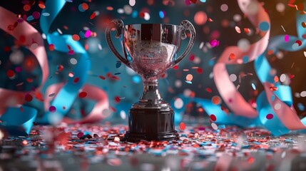 Sticker - Celebratory trophy surrounded by colorful confetti and ribbons in a festive setting