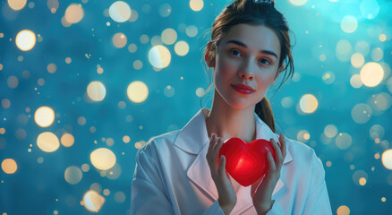 Sticker - pretty woman wearing white lab coat, holding red heart in hands, blue background with bokeh lights