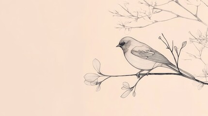 Wall Mural - minimalist abstract line drawing of a bird perched on a branch, with a soft-focus background for tex