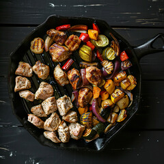 Wall Mural - Meat and vegetables roasted on grill pan 