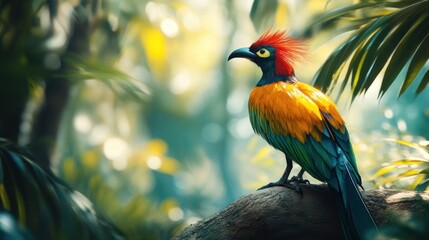 Canvas Print - A Vibrant Bird with Red Crest Perched on a Branch in a Lush Forest