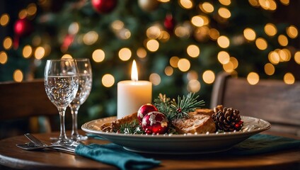 Wall Mural - Dinner on decorated Christmas table