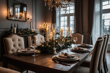 Elegant dining room table with wine glasses, plates and candles set for christmas dinner