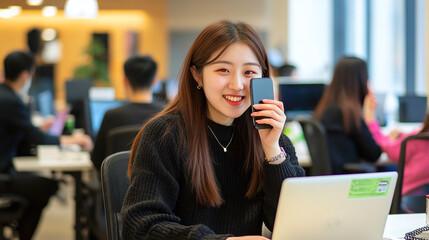 Wall Mural - Asian woman talking on mobile phone in office