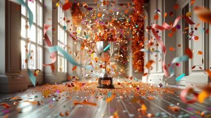 Poster - Celebration with colorful confetti around a trophy in a festive indoor setting