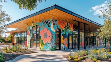 Vibrant Community Art Hub: Whimsical Botanical Murals and Stylish Glass-Wood Design Perfect for Event Posters and Colorful Space Decor