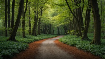 walkway in a green spring beech forest in leuven, belgium. beautiful natural tunnel. atmospheric lan