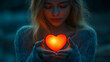 © ArtifyGraphy - A serene woman holds a glowing heart close, symbolizing love, warmth, and inner peace in a dark, intimate setting.