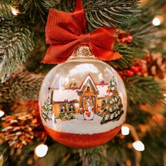 Wall Mural - Hand-painted Christmas ornament featuring a snowy village scene with a festive red bow on a decorated tree. Perfect for holiday decorations, seasonal greeting cards, or Christmas-themed invitations.