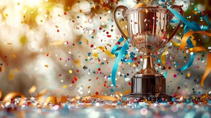 Sticker - A trophy surrounded by colorful confetti and streamers during a celebratory event in a bright, festive atmosphere