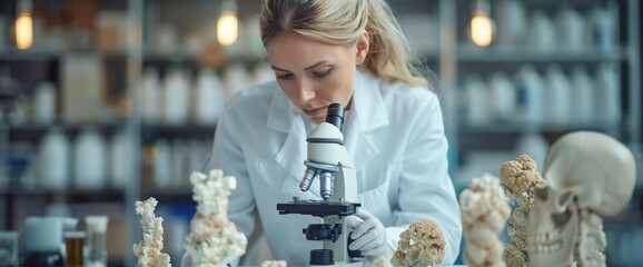 Wall Mural - Lab technician using a microscope, white background, natural lighting, copy space