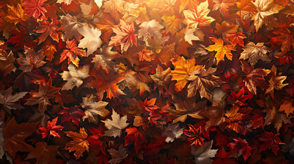 Close-up of vibrant autumn leaves, various shades of orange, red, and brown, backlit by sunlight. Generative Ai