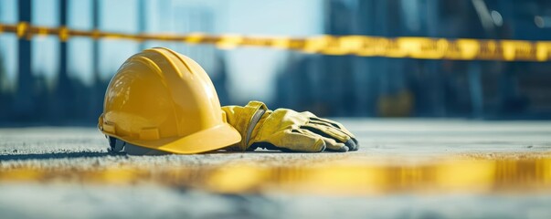 Yellow hard hat and work gloves on a construction site.