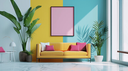 Poster - Modern Living Room with Colorful Walls and Tropical Plants