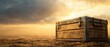© narak0rn - Old wooden chest on a desert landscape, sunset background.
