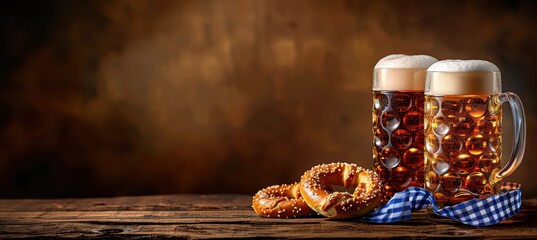 Bavarian beer and pretzel on a wooden table on a dewy background